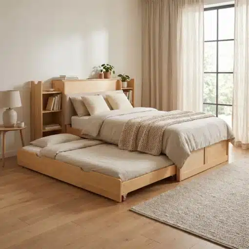 Voodi panipaigaga 90x200 cm, väljatõmmatav lisaosa | E-pood Tootemaailm Moodne ja mitmekülgne puitvoodi panipaigaga 90x200 cm koos väljatõmmatava lisaosaga, neutraalsetes värvides voodipesuga valgusküllases magamistoas.
