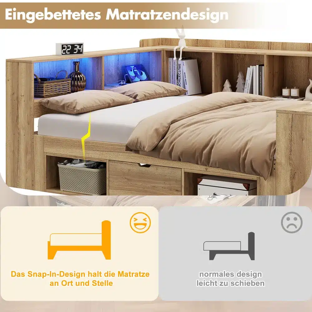 L-kujuline lastetoa voodi LED-iga koos kirjutuslaua, riiulite ja sahtlitega, valmistatud puidust. Voodi peatsis on integreeritud sinised LED-tuled, mis valgustavad riiuleid, täidetud raamatute ja dekoratsioonidega. Allosas on ruumikad sahtlid täiendavaks hoiustamiseks.