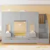 Lastetoa narivoodid trepi, panipaiga, sahtlitega 90x200 | E-pood Tootemaailm Hall lastetoa narivoodi trepi, panipaiga ja sahtlitega 90x200 mõõdus, taustal kollane sein ja taevamotiiv.