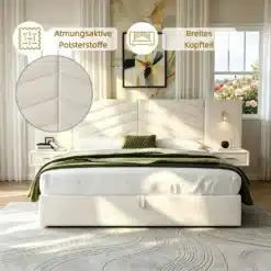 Elegantne luksuslik voodi valge panipaigaga, kaks kaasaegset öökappi ja sisseehitatud LED lugemislambid eredas päevavalguses. Taustal suur aken, mis täidab toa loomuliku valgusega.