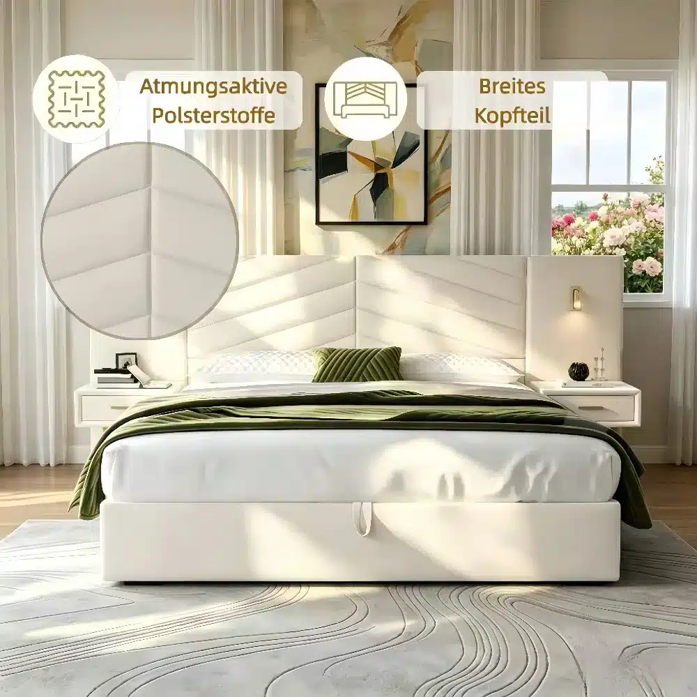Elegantne king size voodi panipaigaga, kaetud luksusliku valge sametiga ja varustatud LED valgustusega; ruumi kaunistavad pastelsed toonid ja aknal paistab päikesevalgus.