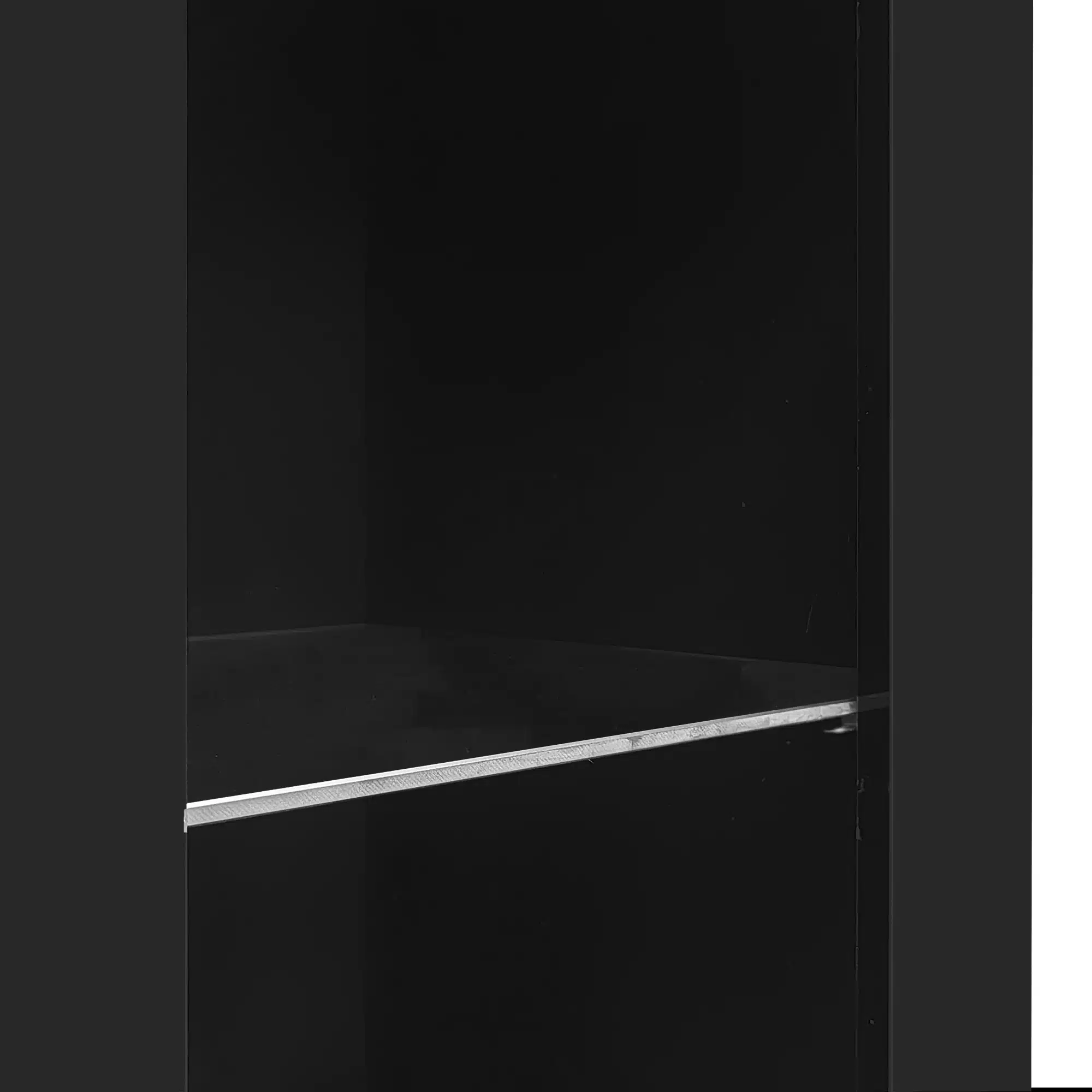Buffetkapp musta kõrgläike viimistlusega, integreeritud klaasriiul ja elegantne minimalistlik disain.