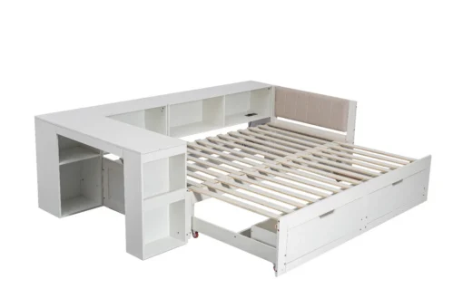 Valge lahtikäiv voodi, mis sisaldab kirjutuslauda, riiuleid ja sahtleid; voodi mõõdud 90x200, asub valgel taustal.