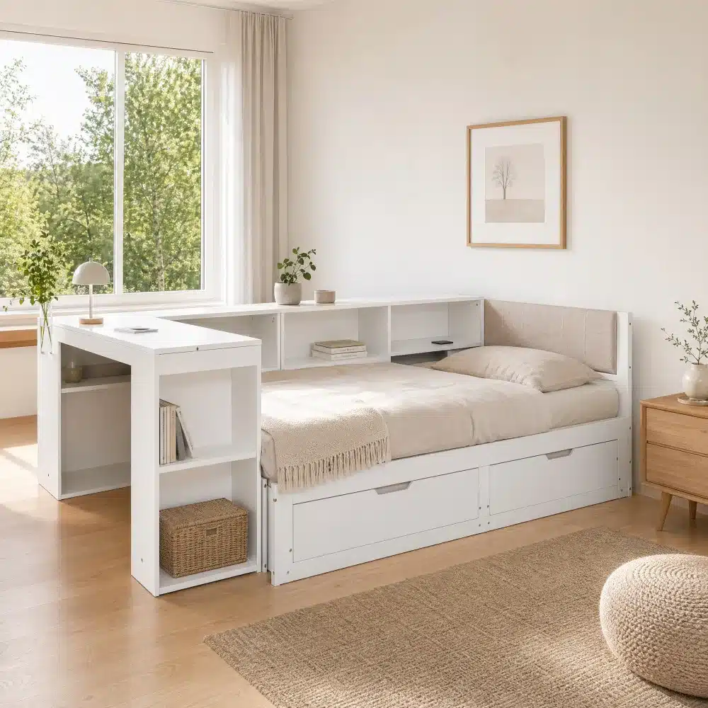 Lahtikäiv voodi kirjutuslaua, riiuluite ja sahtlitega, valge 90x200, asub kaasaegses heledas magamistoas. Voodi on minimalistliku disainiga, sobitudes valgusküllasesse ruumi, kus on puidust põrand ja naturaalne vaip.