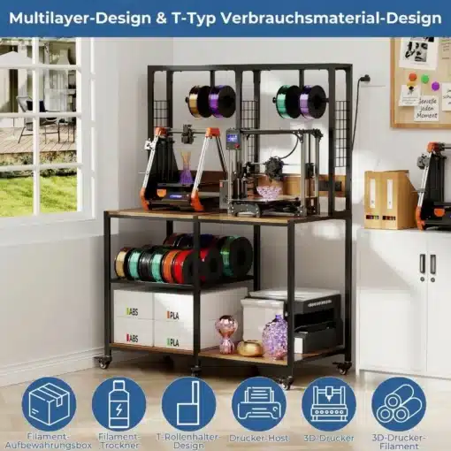 3D printeri alus ratastega kahele printerile metallist | E-pood Tootemaailm Metallist 3D printeri alus ratastega, mis mahutab kaks printerit ja mitmeid filamendirulle. Alusel on must raam ja see asub avaras kontoriruumis akna lähedal, mille kaudu paistab rohelus.