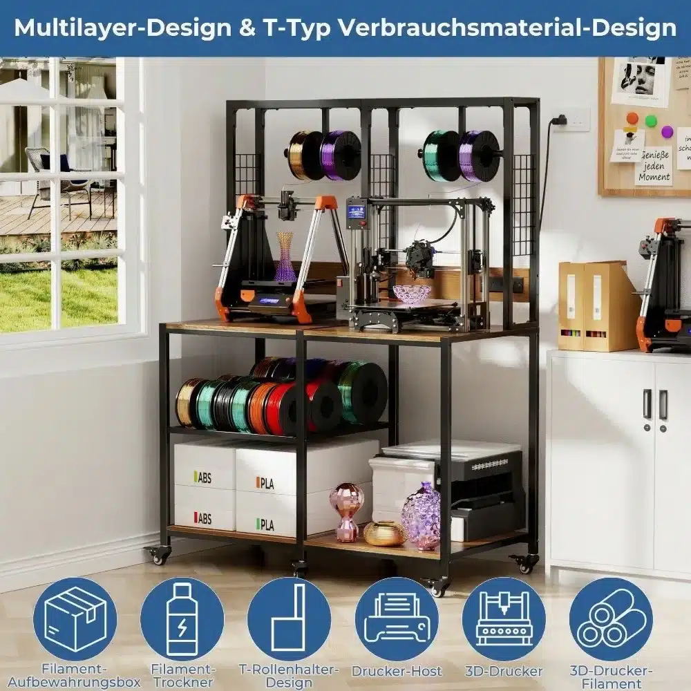 Kahele 3D printerile mõeldud metallist alus ratastega. Alusel on mitu riiulit, mis hoiavad filamente ja printeritarvikuid. Alusel on ka kaks 3D printerit kasutusvalmis. Taustal on kontori keskkond, mille aknast paistab roheline aed.
