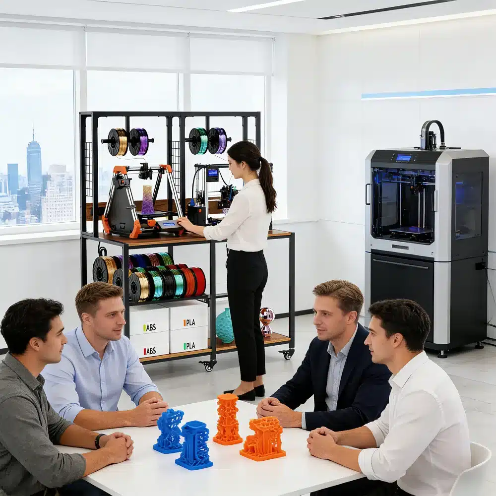 Kontor, kus 3D printeri alusel ratastega kahele printerile metallist on paigutatud kaks printerit. Taustal on riiul, millel on erinevat värvi 3D printeri niidid. Kontoris on neli inimest arutamas laua taga ja üks inimene töötamas printeri juures.