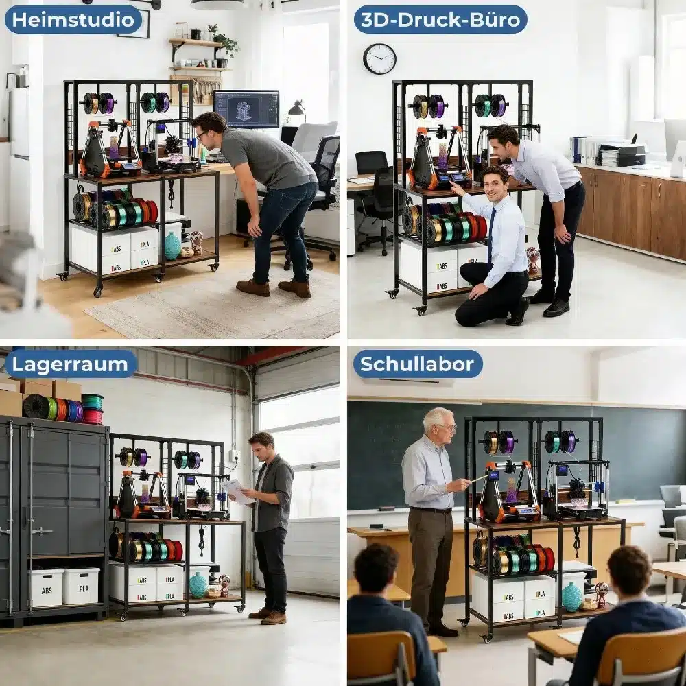 Metallist 3D printeri alus, millel on rattad ja mis mahutab kahte 3D printerit, kuvab erinevates oludes: kodustuudio, 3D-prindibüroo, laoruum ja koolilabor. Alusel on praktilised riiulid ja konksud filamentide hoidmiseks.