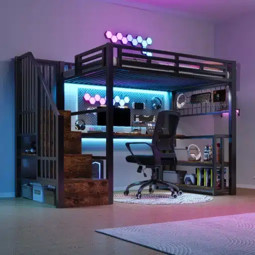 Narivoodi – kirjutuslaud, panipaik, riputusvõre, LED, 2 USB + 1 Type-C, riiulid | E-pood Tootemaailm Kaasaegne narivoodi koos sisseehitatud kirjutuslauaga alla, LED-valgustusega riiulid, 2 USB ja 1 Type-C pistikupesa ning praktiline riputusvõre. Tume metallraam ja puidust trepiastmed loovad trendika ning multifunktsionaalse ruumilahenduse.