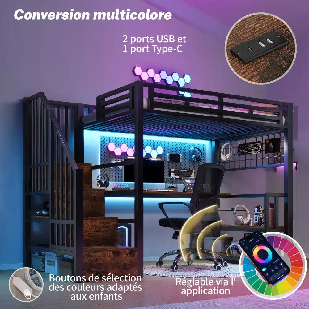 Narivoodi integreeritud kirjutuslauaga, mis on varustatud mitme LED-valgustusega, riiulitega, riputusvõrega ning 2 USB ja 1 Type-C pordiga. Voodi struktur on tumehall ning taustal on helelilla sein, mis loob kontrasti ja kaasaegse ilme.