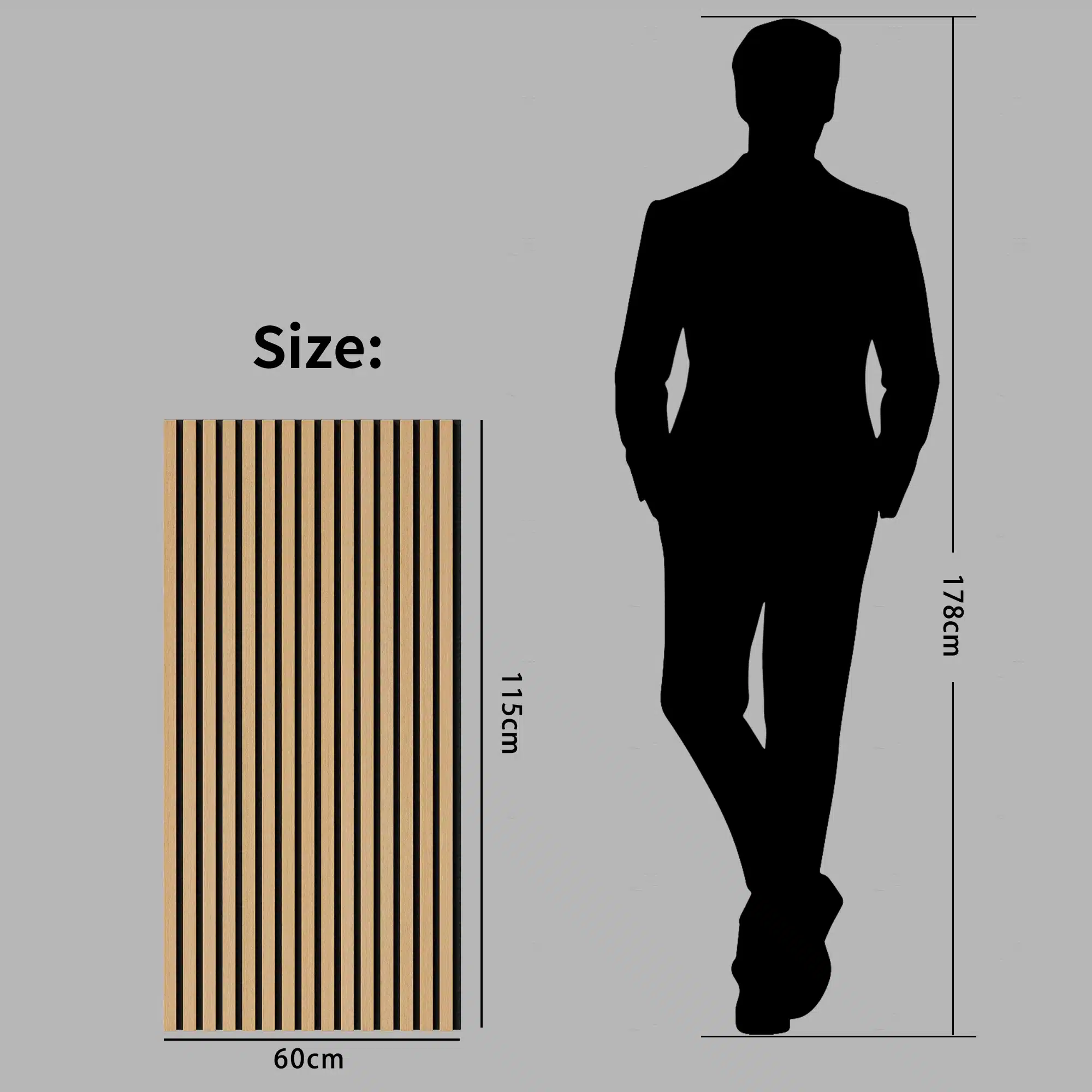 Pilt akustilisest seinapaneelist valgest tammest mustade ribadega, suurusega 60x115 cm, koos inimese siluetiga mõõtmete võrdlemiseks.