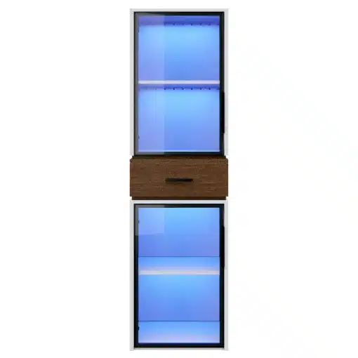 Vitriinkapp LED-valgustusega, millel on kaks klaasust, üks puidust sahtel ja modernne sinine taustvalgus, sobib elegantsete esemete esitlemiseks.