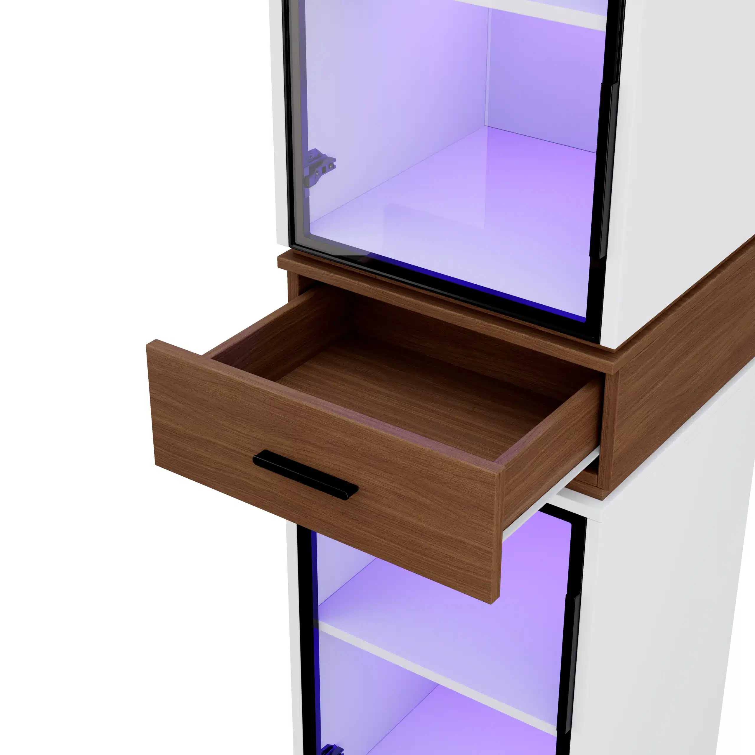 Klaasvitriinkapp LED-valgustusega, 2 klaasust, 40x200, puitviimistlusega sahtliga, taustvalgustusega riiulid.