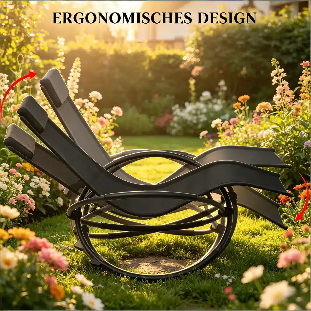 Elegantne ja mugav kiikuv lamamistool aias, ümbritsetud värviliste lillede ja suvise päikesepaistega, rõhutades tooli ergonoomilist disaini.