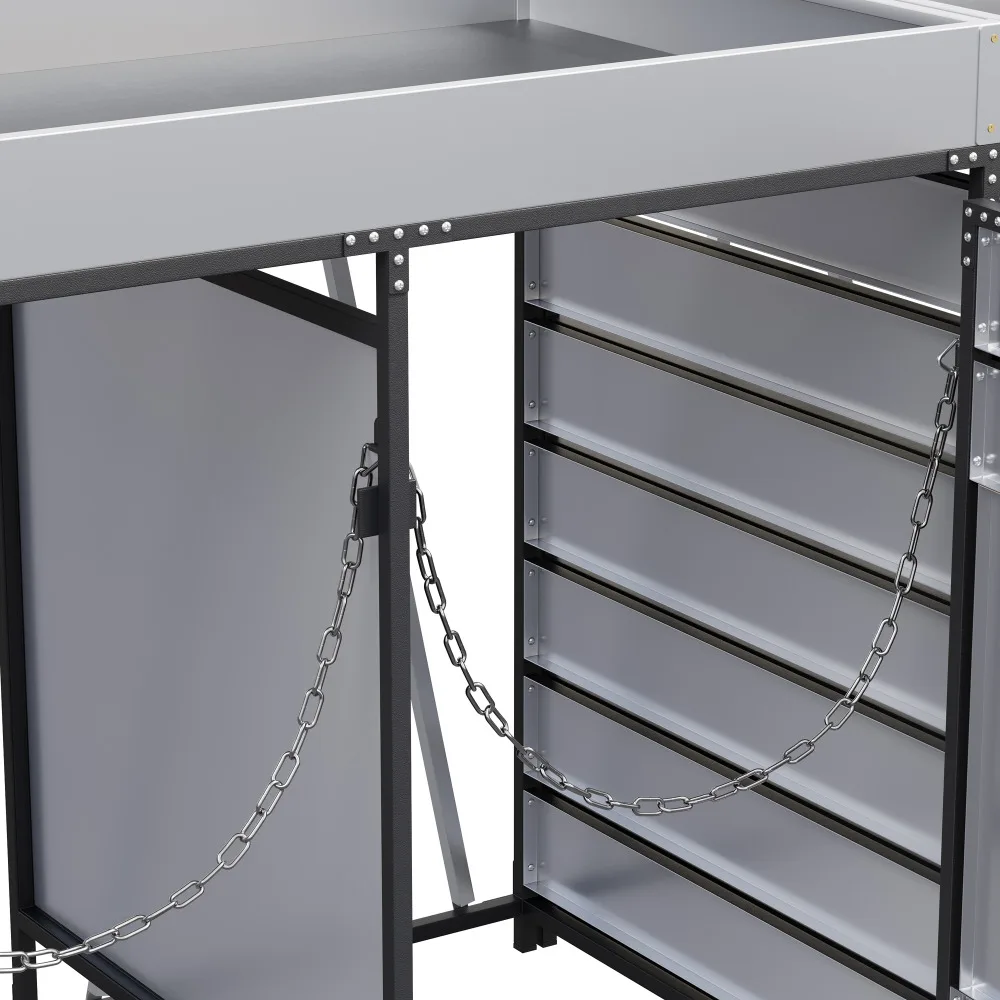 Prügikastide komplekt istutusalustega, lukuga, 4 tk, millel on tugevad metallist ketid ja hallid paneelid. Musta ja halli värvi konstruktsiooniga sobib see komplekt suurepäraselt aeda, pakkudes korraga nii funktsionaalsust kui ka vastupidavust.