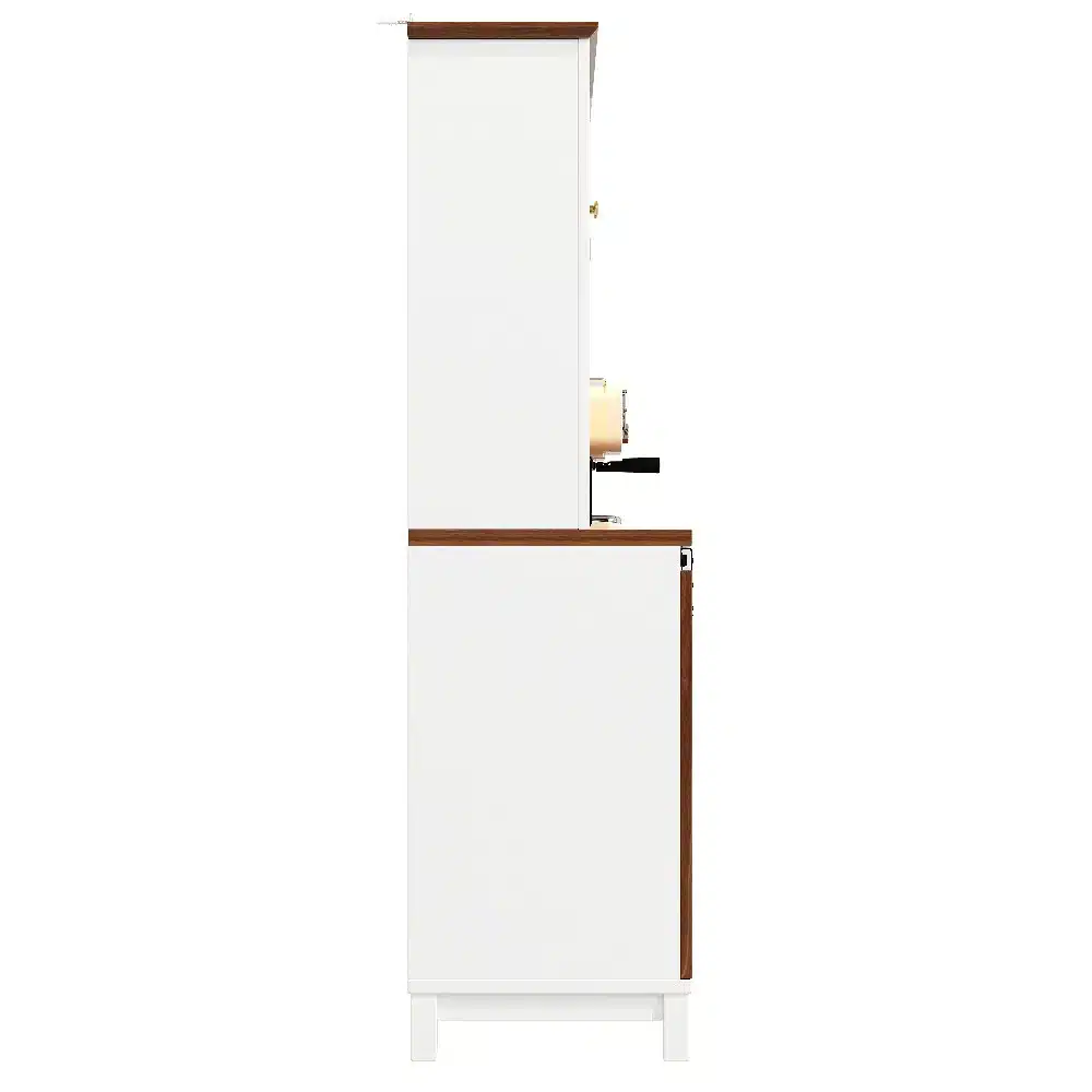 Kõrge köögikapp LED valgustusega ja liuguksega, valge viimistlusega, puidust detailid ja stiilne minimalistlik disain, sobib köögimööbli sekka.