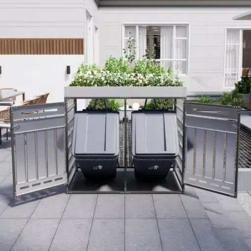 Pügikast istutuskastiga, ventilatsiooniga, lukustatav. | E-pood Tootemaailm Hall pügikast istutuskastiga, ventilatsiooniga, lukustatav, paigaldatud terrassile. Taimed kasvavad peal, metallist uksega ja modernse disainiga.