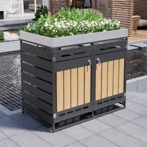Pügikast istutuskastiga, ventilatsiooniga, lukustatav. | E-pood Tootemaailm Pügikast istutuskastiga koos kauni lillevalikuga, musta ja puidu toonides, modernsel aiataustal, ventilatsiooniga ja lukustatav.