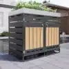 Pügikast istutuskastiga, ventilatsiooniga, lukustatav. | E-pood Tootemaailm Kaasaegne pügikast istutuskastiga, ventilatsiooniga ja lukustatav, halli metallraami ja puidust paneelidega, asub päikesepaistelises aianurgas.