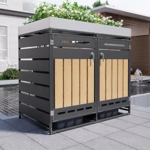 Pügikast istutuskastiga, ventilatsiooniga, lukustatav. | E-pood Tootemaailm Kaasaegne pügikast istutuskastiga, ventilatsiooniga ja lukustatav, halli metallraami ja puidust paneelidega, asub päikesepaistelises aianurgas.
