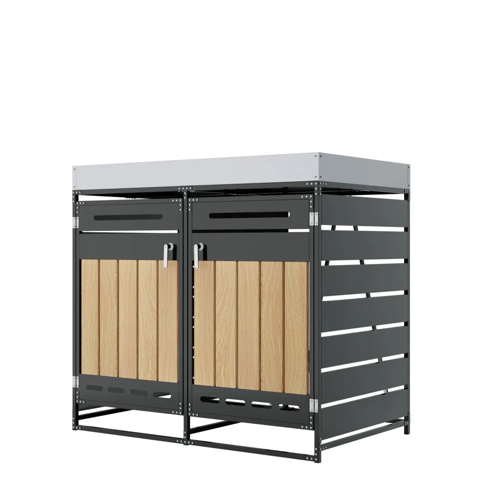 Pügikast istutuskastiga, ventilatsiooniga ja lukustatav – kaasaegne mustast metallist ja puidust kombinatsioon. Elegantne disain kahe ustega, mis sobib ideaalselt aeda või terrassile.
