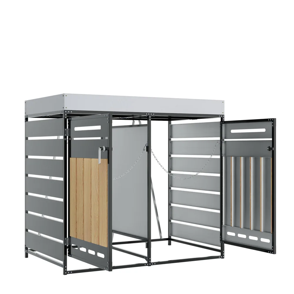 Hall pügikast istutuskastiga, ventilatsiooniga ja lukustatav, nähtav metallist ja puidust detailide ning avatud ustega.