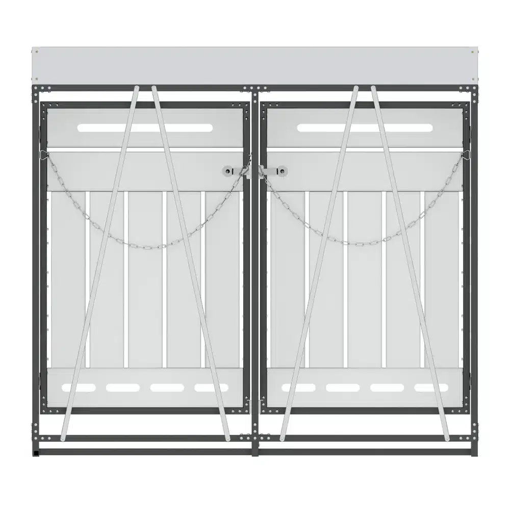 Pügikast istutuskastiga, ventilatsiooniga, lukustatav, hallist metallist raam, valge laudis, ketid ees, minimalistlik disain taustal.