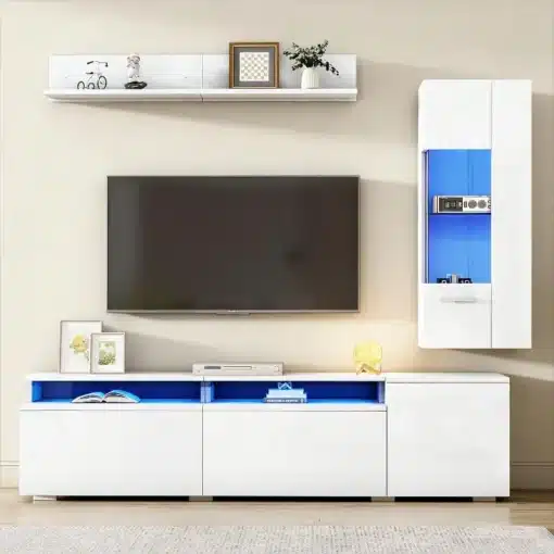 TV-elutoa komplekt LED-valgustusega, valge kõrgläige | E-pood Tootemaailm Valge kõrgläikega TV-elutoa komplekt, mis koosneb LED-valgustusega kappidest ja riiulist, minimalistlikus elutoas.