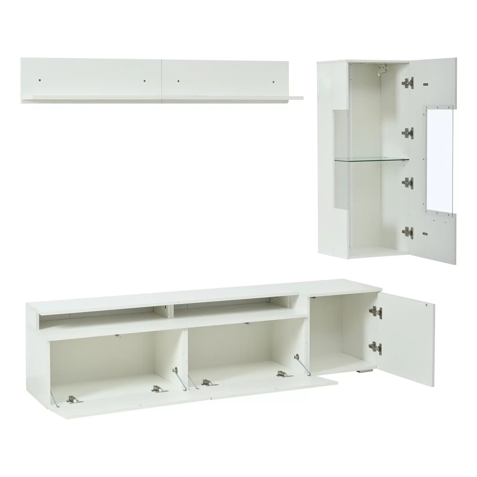 Valge kõrgläikega TV-elutoa komplekt LED-valgustusega, koosnedes seinakappidest ja riiulist, peegeldades modernset ja minimalistlikku stiili.