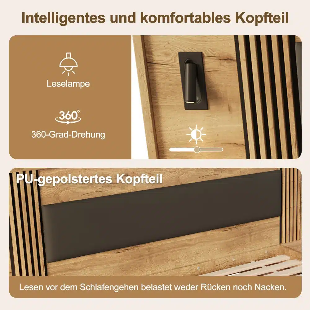 Puidust kaheinimesevoodi pehme PU-polstriga peats, millel on integreeritud 360-kraadine reguleeritav lugemislamp mugavaks lugemiseks. Voodi taustal on neutraalne sein, mis rõhutab voodi kvaliteetseid materjale.