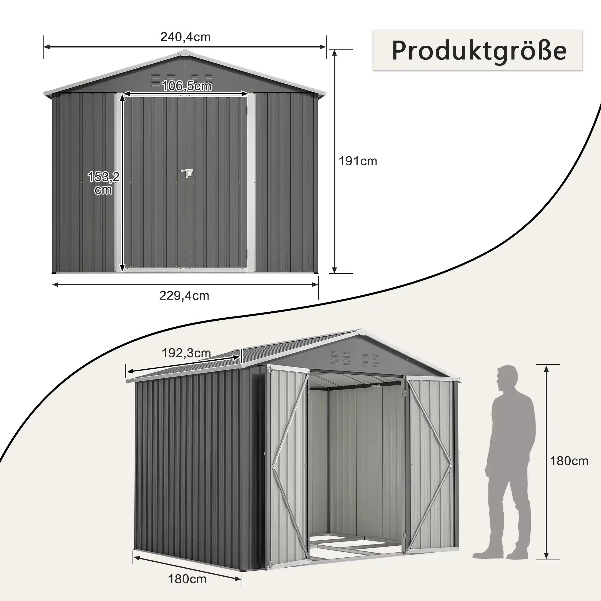 Hall metallist aiamaja mõõtmetega 240,4 cm lai, 191 cm kõrge ja kokku pandud uks, mis sobib igasse aeda. Külgedelt avatav ja sissepääsuks piisavalt ruumikas, lastes sisse päevavalgust. Taustal nähtavad täpsemad mõõdud ja inimese siluett.