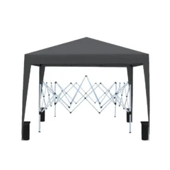 Pop up aiatelk 3x3m veekindel UV50+ musta värvi, hõbedane metallraam, kokkuvolditud struktuur valgel taustal.