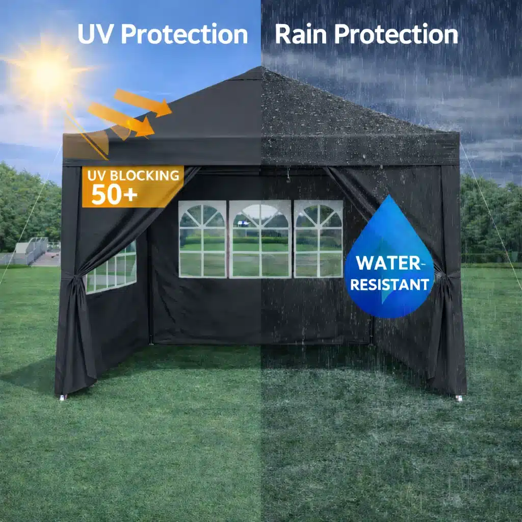 Must pop up aiatelk 3x3m rohelisel murul, jagatud vaade UV-kaitse ja veekindluse vahel; telgi katusel vihmapiisad ja UV 50+ märgis.