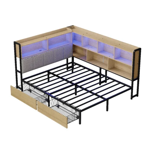 Polsterdatud voodi LED-valgustuse, sahtlite, riiulitega ja USB-ga | E-pood Tootemaailm Polsterdatud voodi koos LED-valgustuse, riiulite ja sahtlitega, mis on valmistatud puitmaterjalist ja metallist konstruktsiooni abil, vastupidav raam nähtaval. Taustvalgus annab sinise kuma, luues kaasaegse ilme.