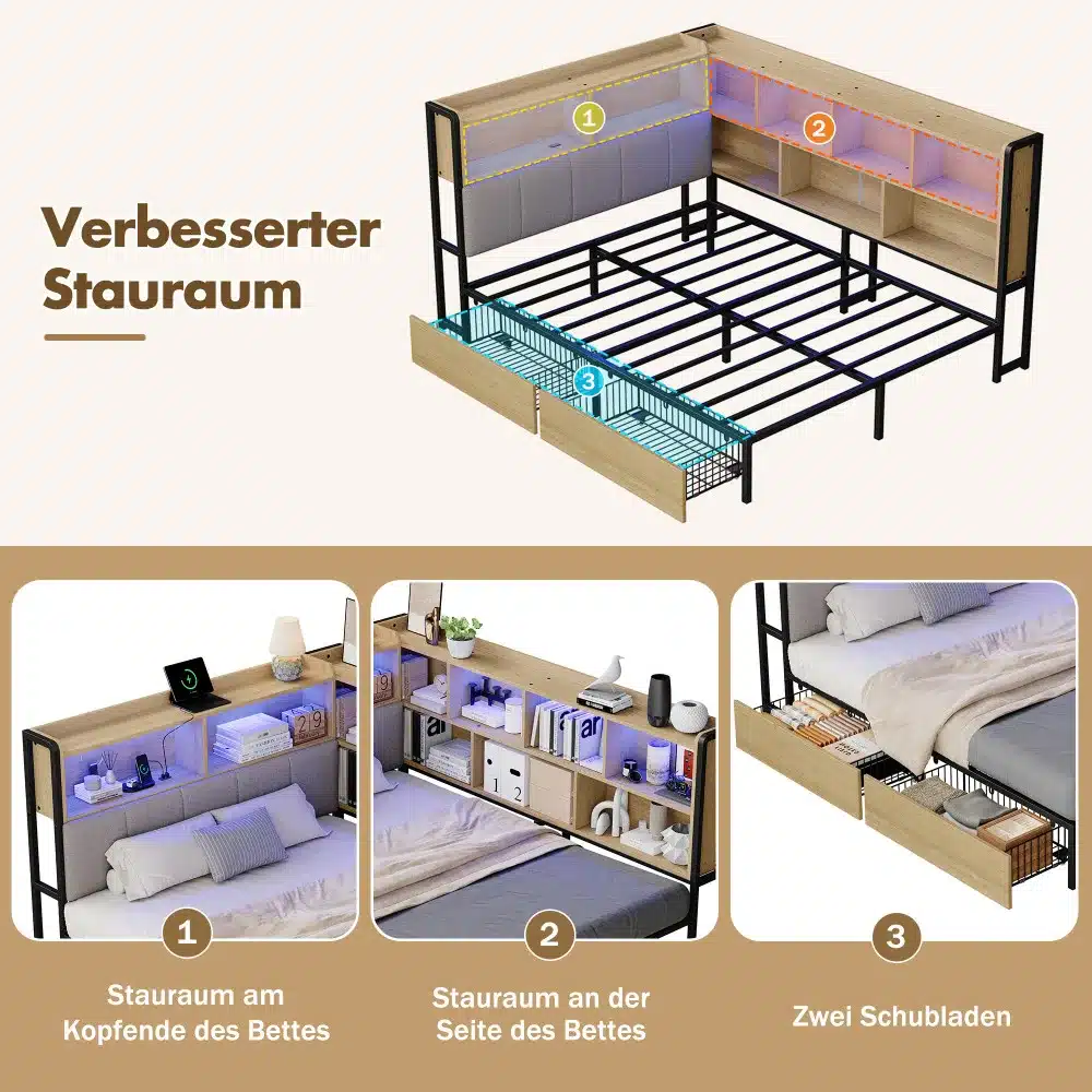 Modernne polsterdatud voodi koos LED-valgustuse ja mitme funktsionaalsusega, nagu sahtlid ja riiulid, esitletud valgel taustal. Voodi metallist raamiga ja puitdetailidega, rõhutades mugavust ja praktilist lahendust.