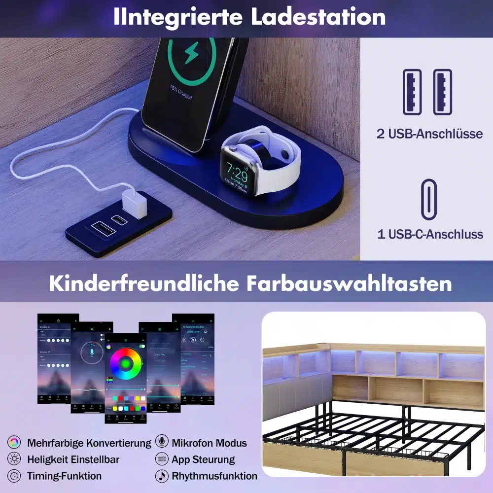 Stiilne polsterdatud voodi koos LED-valgustuse, USB-laadimisjaamade ja mitme sahtli ning riiulitega. Voodi on valmistatud kvaliteetsest materjalist ja sellel on integreeritud kaasaegne tehnoloogia.