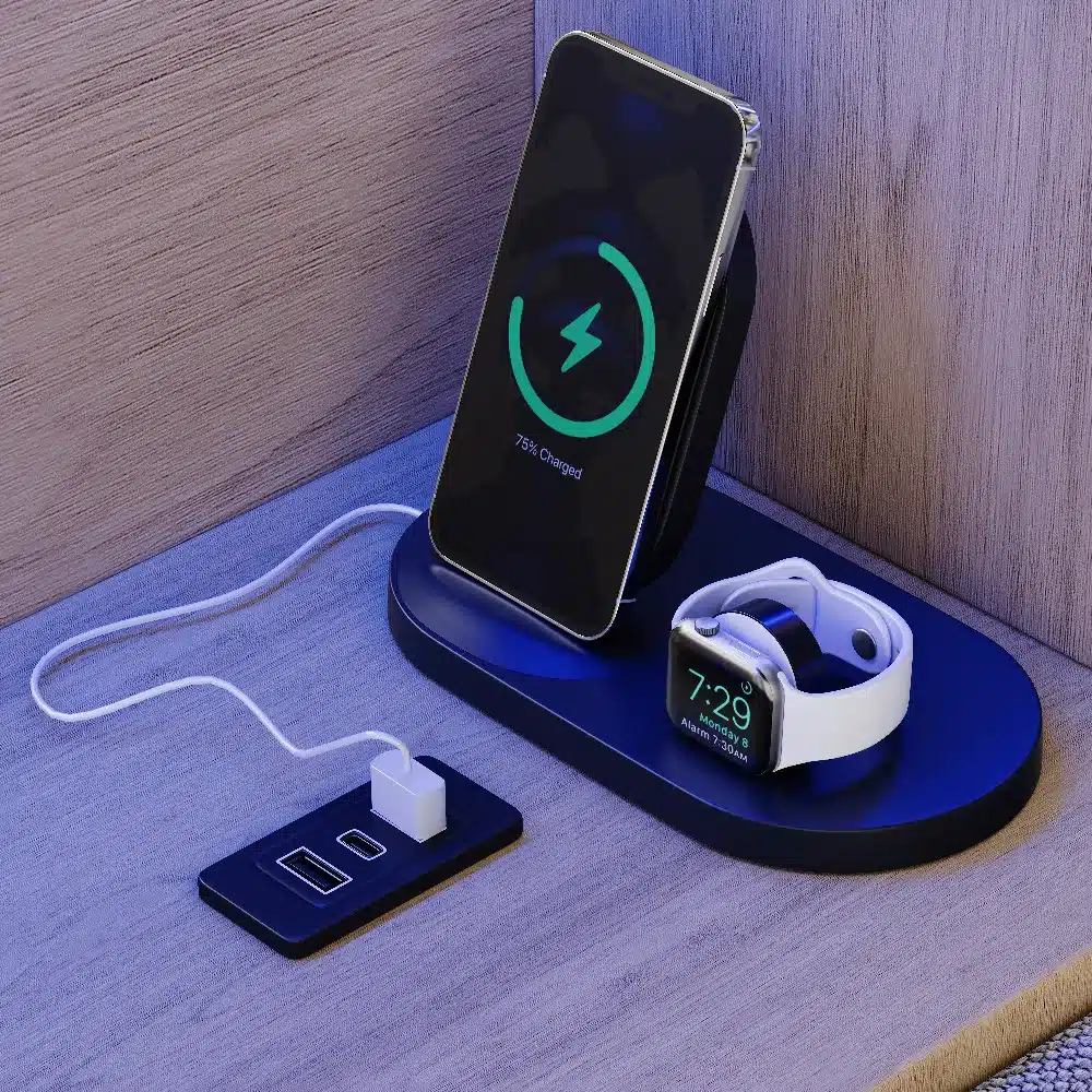 Polsterdatud voodi LED-valgustuse, sahtlite, riiulitega ja USB-ga, mille peatsiäärel on nutiseadmete laadimisjaam, kus on telefon ja käekell laadimas. Taustal on puidust paneelid.