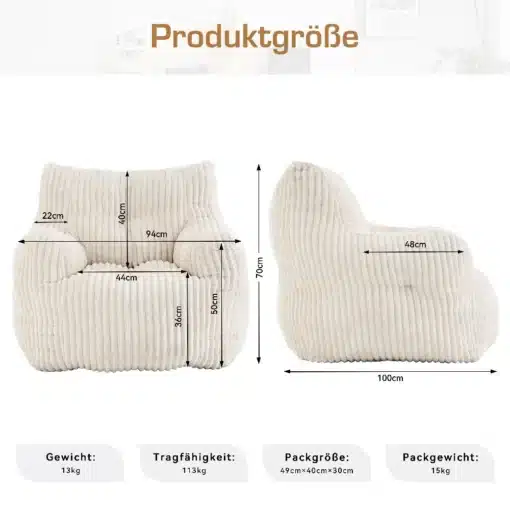 Pehme vahtpolsterdusega kott toolid | E-pood Tootemaailm Pehme vahtpolsterdusega kott toolid kahes eri vaates, mõõtmetega 94x70x50 cm ja 100x70x48 cm, kreemjas sametine materjal valgel taustal.