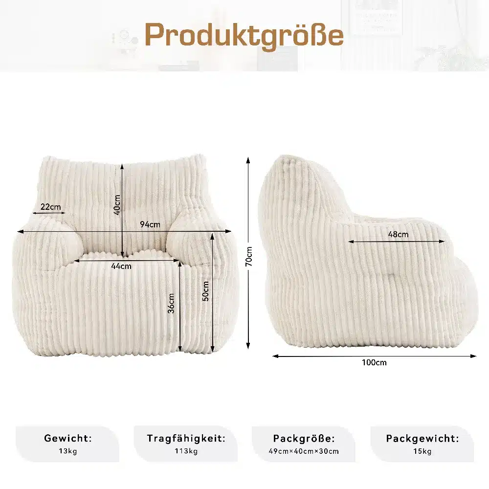 Kaks pehmet vahtpolsterdusega kott toole beeži värvi soonilise kangaga, millele on lisatud mõõtmed ja kaal.