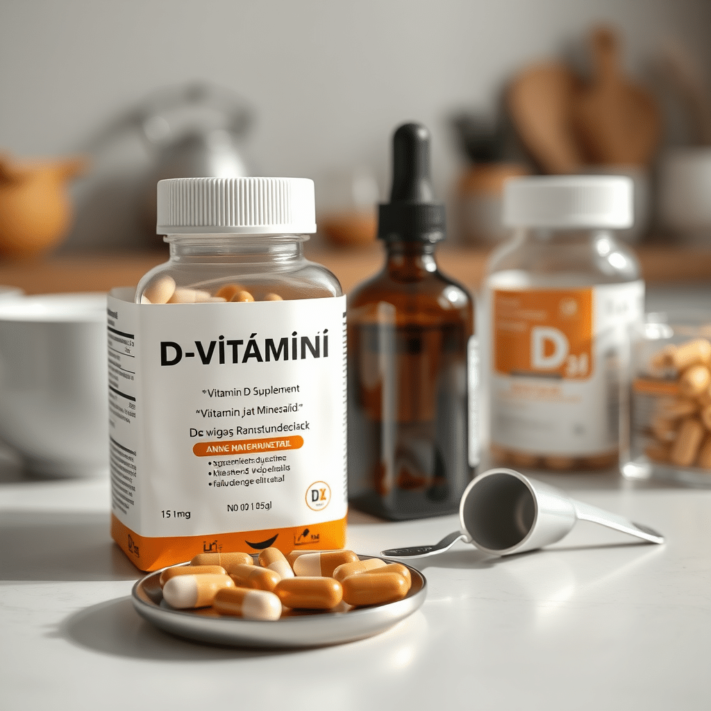 D-vitamiini pakend, kapslid ja tilgad laual