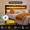 Voodi LED-peatsiga ja USB-pesadega 140x200 cm | E-pood Tootemaailm Voodi LED-peatsiga ja USB-pesadega 140x200 cm valgusega peatsil, oranži voodipesuga ja toas kaasaegse sisustusega.