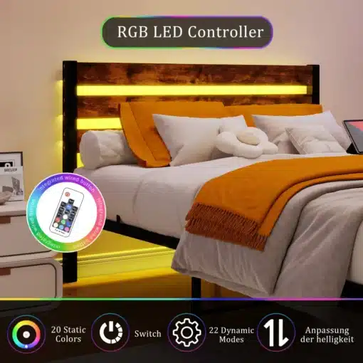 Voodi LED-peatsiga ja USB-pesadega 140x200 cm | E-pood Tootemaailm Voodi LED-peatsiga ja USB-pesadega 140x200 cm valgusega peatsil, oranži voodipesuga ja toas kaasaegse sisustusega.