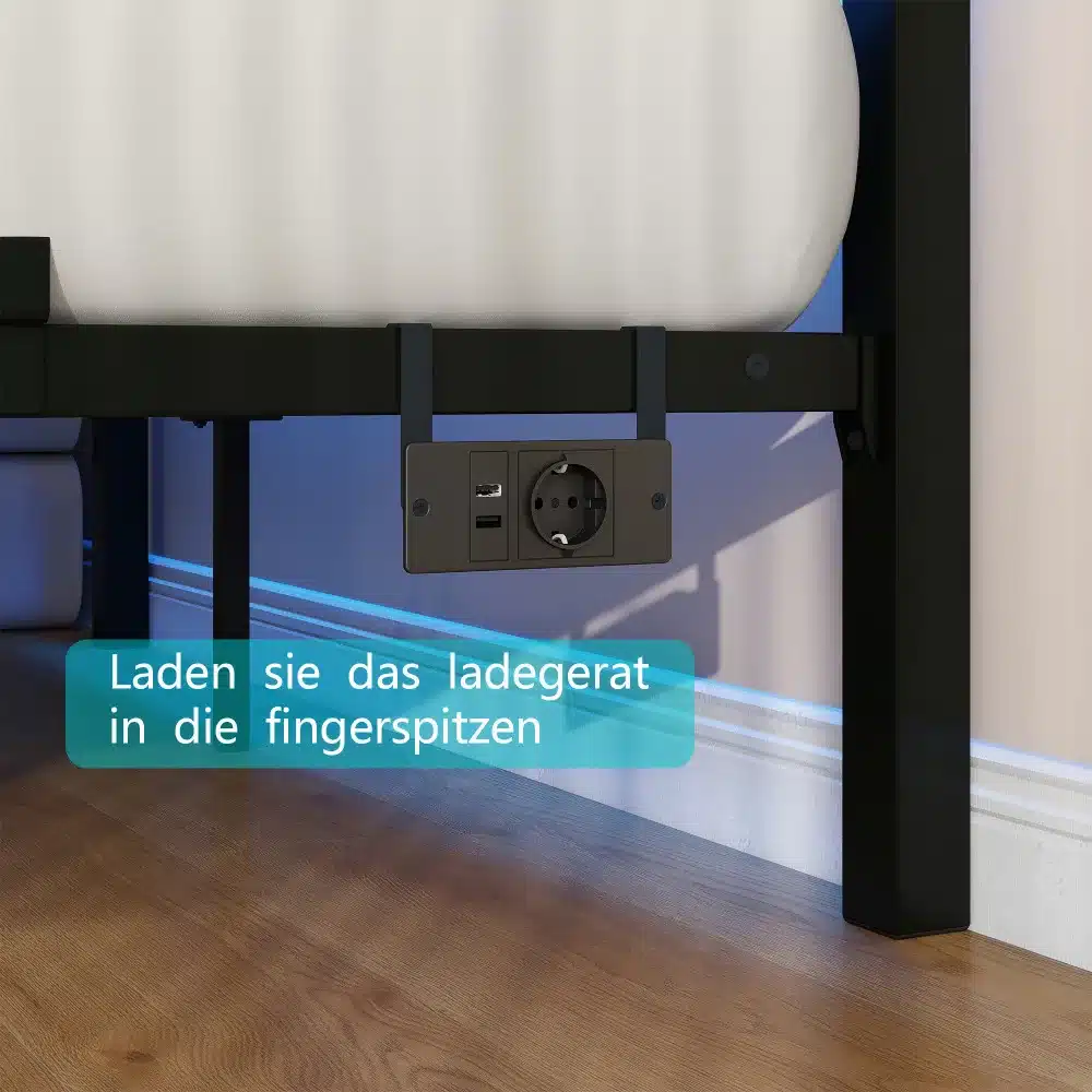 Voodi LED-peatsiga ja USB-pesadega, must metallraam, USB- ja pistikupesad voodi küljel, puidust põrand, pastelsed seinad.