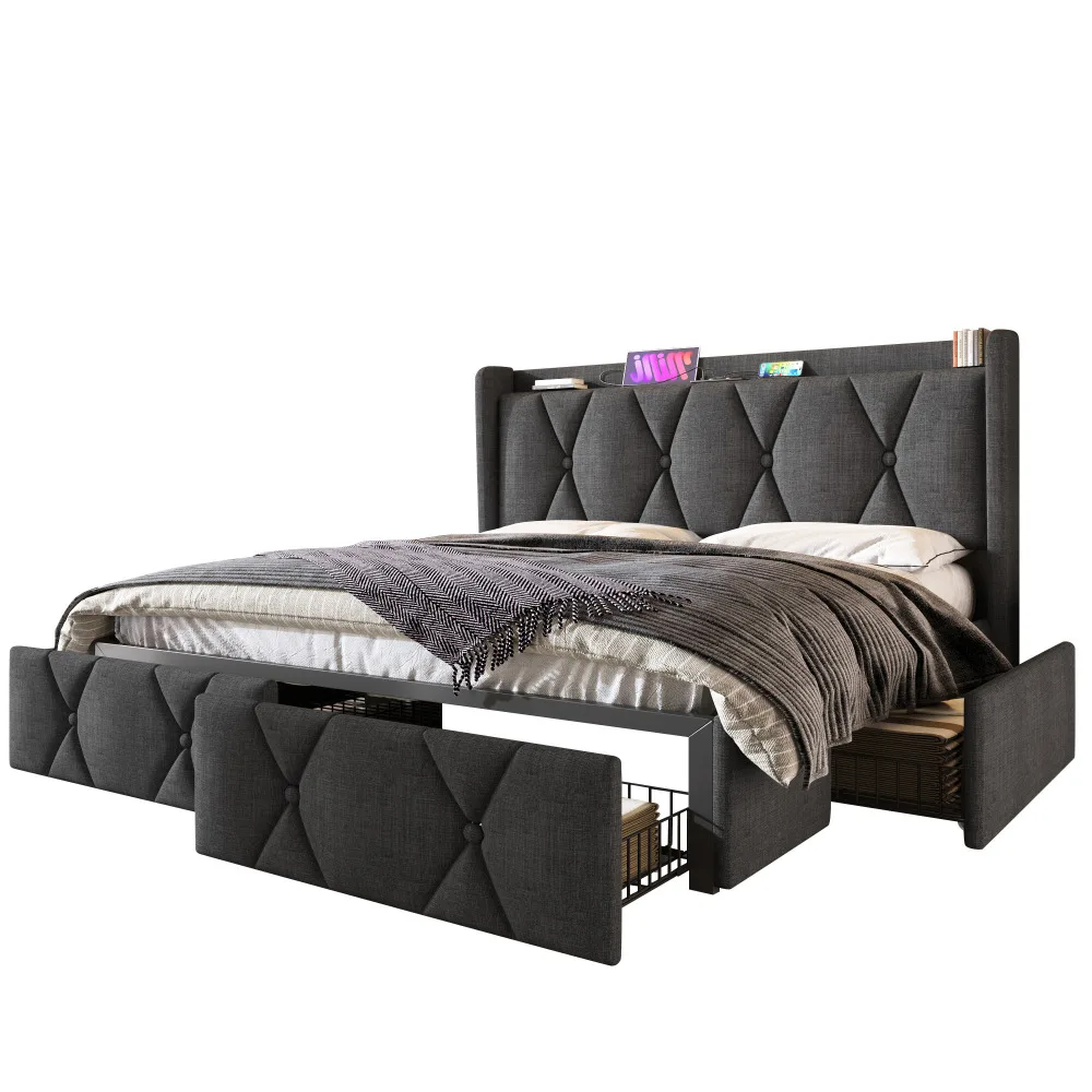 Pilt näitab elegantset, halli polstriga panipaigaga voodit suurusega 160x200. Voodil on 4 praktilist sahtlit ja sisseehitatud USB laadija mugavaks seadmete laadimiseks. Taustal on minimalistlik magamistoa interjöör.