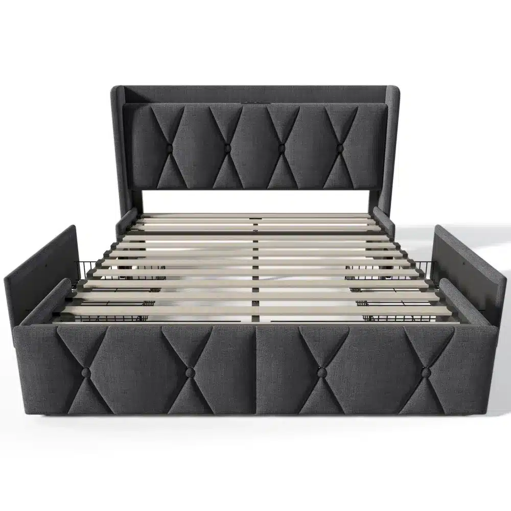 Stiilne hall panipaigaga voodi suuruses 160x200, millel on USB laadija ja neli ruumikat sahtlit. Elegantse tumehalli kangaga kaetud peats ja esipaneel, praktiline valik modernsesse magamistuppa.