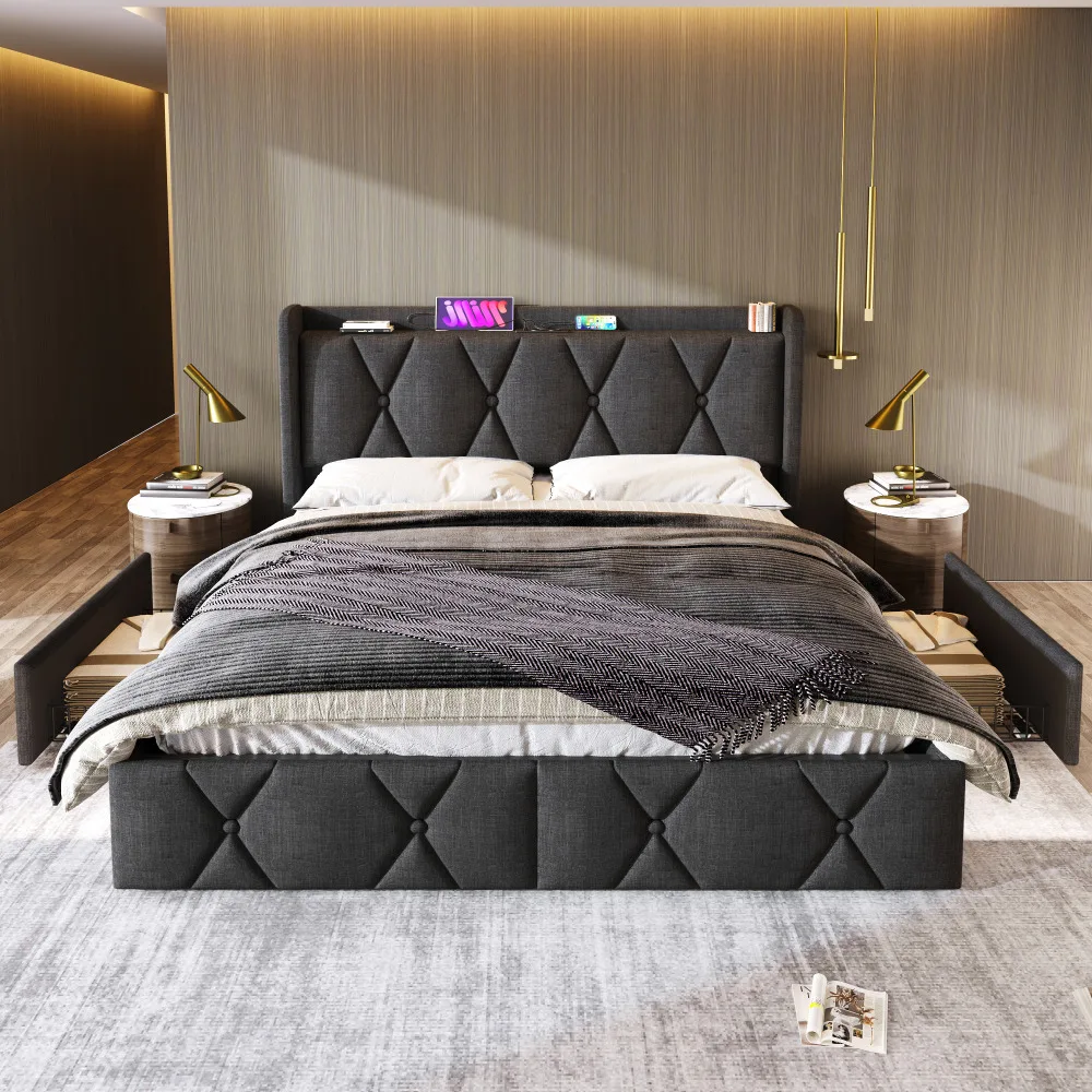 Kaasaegne panipaigaga voodi mõõtudega 160x200, halli pehme polstri ja elegantsete nööpidega peatsiga. Voodil on USB laadija ja neli praktilist sahtlit, mis on paigutatud luksuslikku magamistoa interjööri.