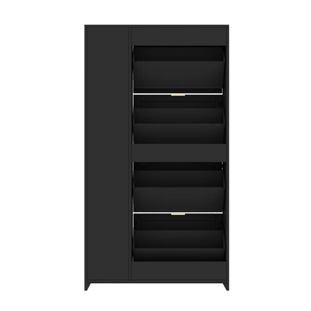 Must kingakapp peegliga, nelja uksega ja reguleeritava riiuliga, taustal neutraalne sein. Minimalistlik ja kaasaegne disain sobib igasse interjööri.