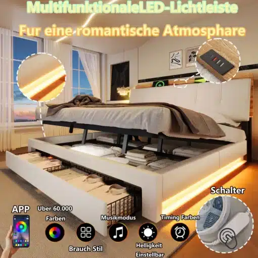 Voodi panipaigaga, USB-C ja LED valgustus, 180x200 | E-pood Tootemaailm Valgusküllases magamistoas asuv modernne voodi panipaigaga, USB-C ja LED valgustusega, mõõtudega 180x200. Voodil on pruun voodikate ja stiilne taustapaneel, voodipesu hoitakse aluses olevates sahtlites.
