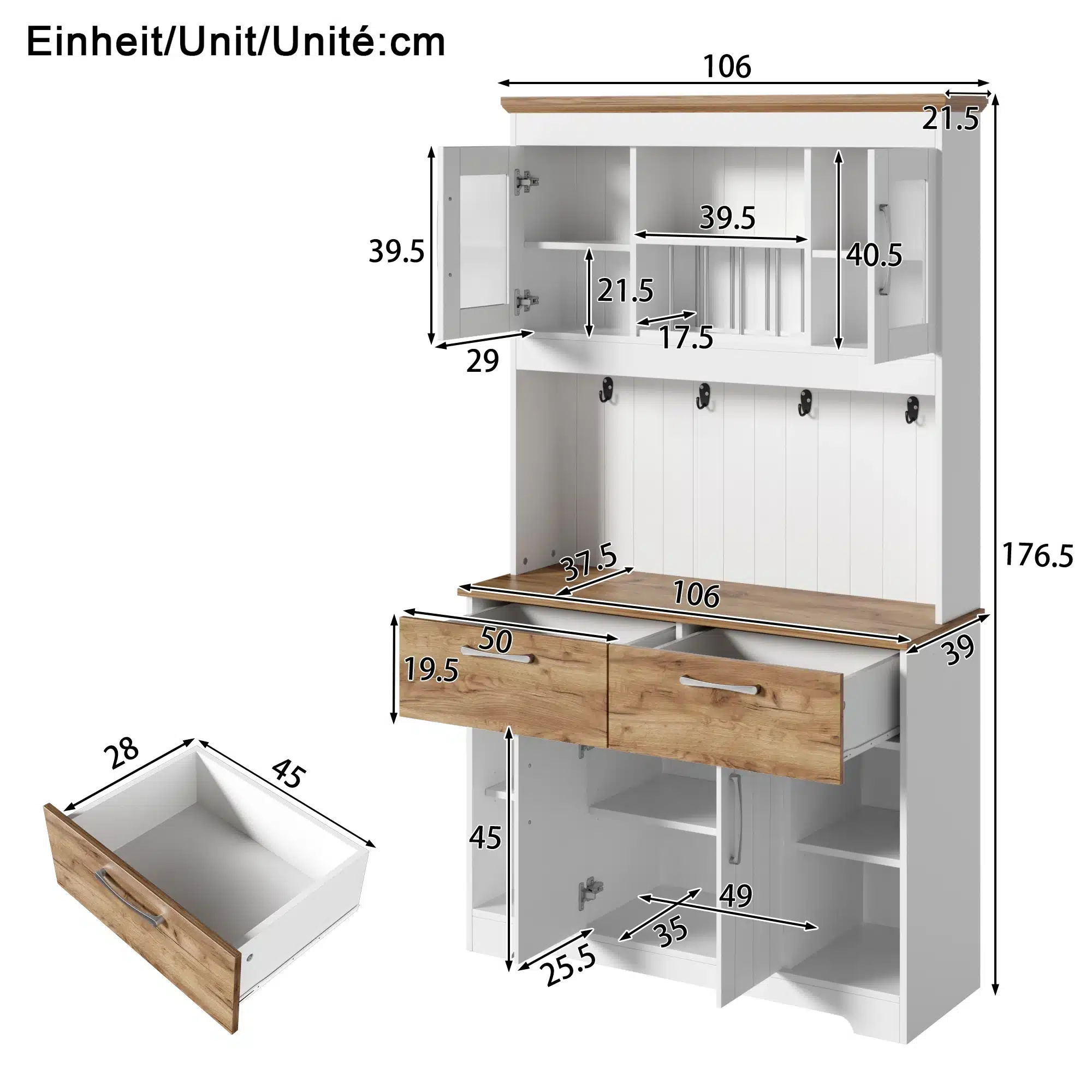 Valge köögikapp sahtlite ja uste ning avatud riiulitega, mõõtudega 176.5 cm kõrge ja 106 cm lai, naturaalse puidu detailidega modernse disainiga.