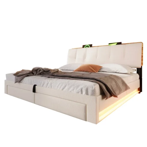 Voodi panipaigaga, USB-C ja LED valgustus, 180x200 | E-pood Tootemaailm Elegantne voodi panipaigaga, mõõtudega 180x200 cm, valges toonis kangaga, sisseehitatud USB-C ja LED valgustusega, dekoratiivpadjad ja voodilina tumedal taustal.
